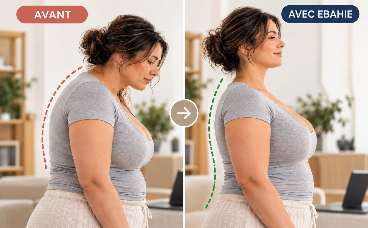 Vue de profil : posture avant, et posture redressée avec la brassière EBAHIE