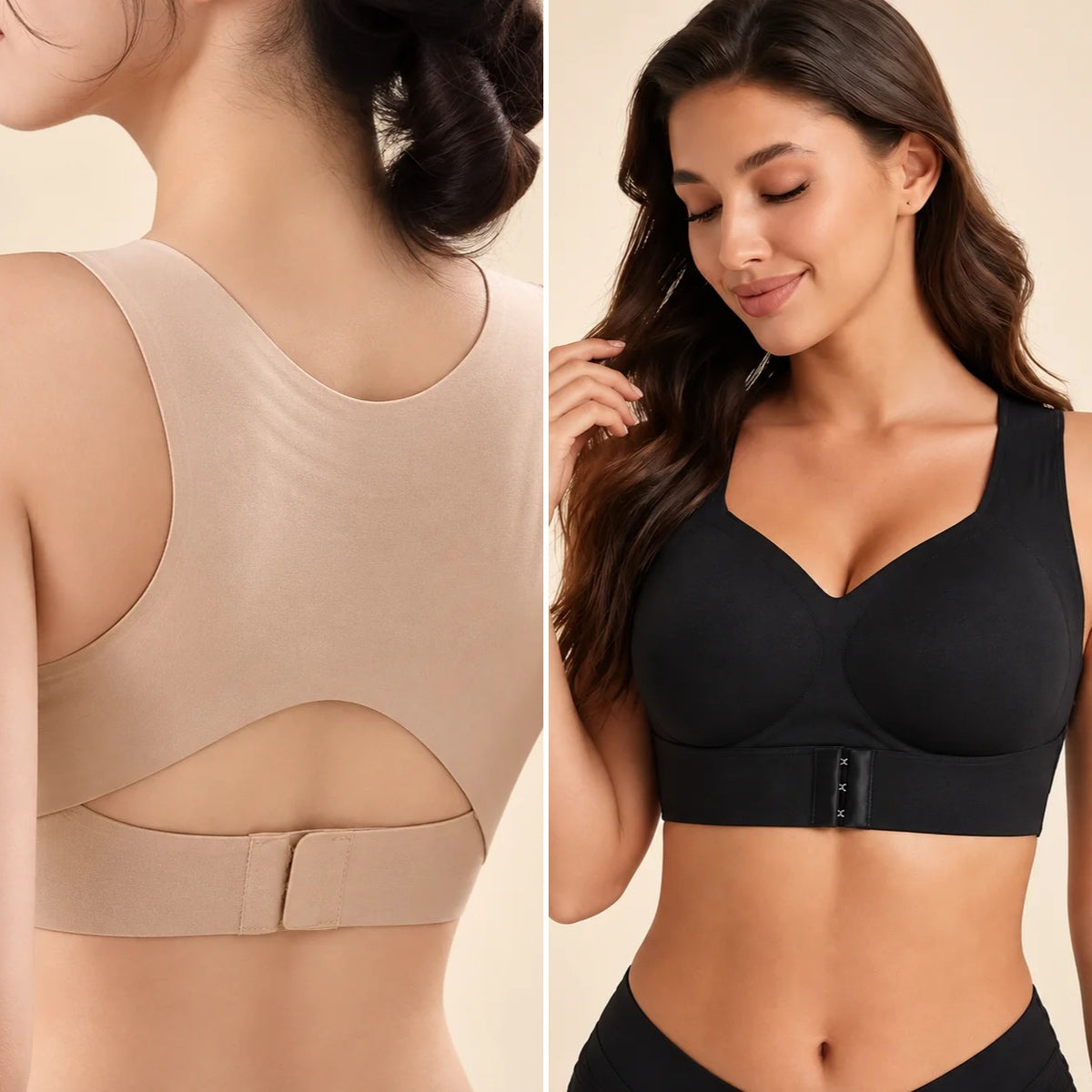 Brassière EBAHIE portée : coloris Beige vue de dos et coloris Noir vue de face
